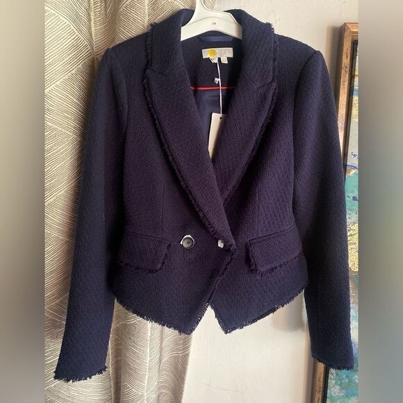 Boden Navy Blue Collared Textured Cotton Blend Jacket Blazer  Sz 2 NWT - Picture 2 of 13
